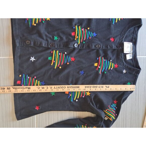 Michael Simon Christmas 1XL Womens Cardigan Sweater Button Black Embroidered - Picture 7 of 9